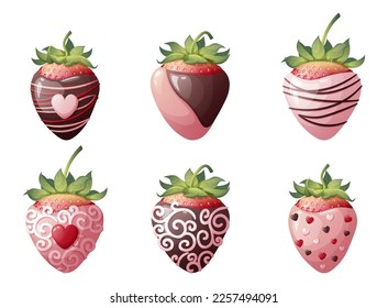 Set of strawberries in chocolate with decoration on an isolated background. Romance, valentine's day, sweet dessert. Vector illustration