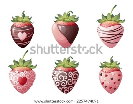 Set of strawberries in chocolate with decoration on an isolated background. Romance, valentine's day, sweet dessert. Vector illustration