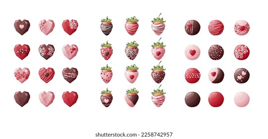 Set of strawberries in chocolate glaze, нeart shaped chocolate candy on an isolated background. Sweets for Valentine's Day with delicious icing and decorations. Vector icons, stickers,