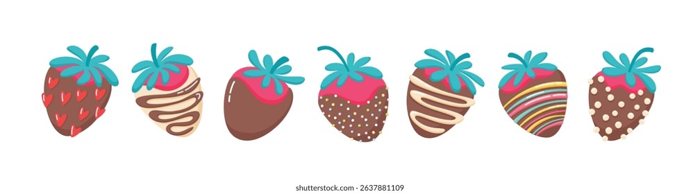Set of strawberries in chocolate and sprinkles. Romantic sweet dessert vector illustration
