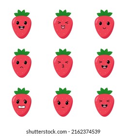 Set of strawberries with kawaii emotions. Flat design vector illustration