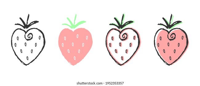 Set of strawberries on a white background. Icon, label, emblem, logo, badge with berry. Hand drawn, grunge. Vector design element for cover, packaging, wrapper, website, print for t-shirt and clothing