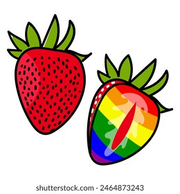 A set of strawberries, painted inside in all the colors of the rainbow. Individual fruits with contours and color. Whole and cut in different poses. An LGBT symbol. Suitable for website, packaging