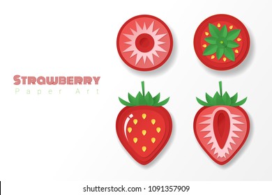 Set of strawberries in paper art style , vector , illustration