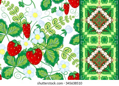Set of strawberries seamless hand drawn vector pattern and seamless border (ribbon, band, tape). Vector illustration.