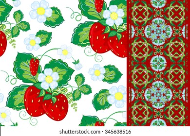 Set of strawberries seamless hand drawn vector pattern and seamless border (ribbon, band, tape). Vector illustration.