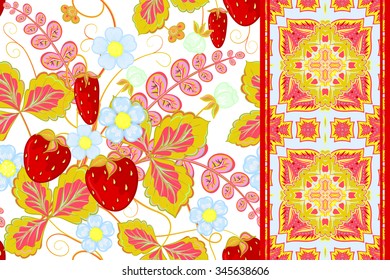 Set of strawberries seamless hand drawn vector pattern and seamless border (ribbon, band, tape). Vector illustration.