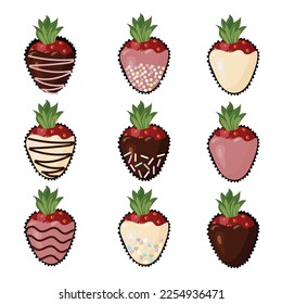 A set of strawberries in white, dark and fruit chocolate with stripes of chocolate icing and multi-colored sugar sprinkles. Vector illustration isolated on white background.