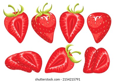 A set of strawberries. Whole berries and slices of different shapes. Summer, fresh, juicy berry.Vector illustration.