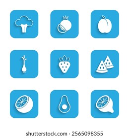 Set Strawberry, Avocado fruit, Lemon, Watermelon, Orange, Fresh green onions, Plum and Broccoli icon. Vector