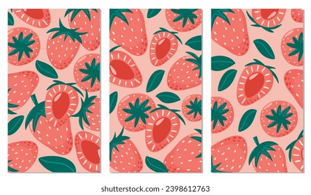 Conjunto de fondos de fresa. Ilustración vectorial de berry de verano en estilo plano de caricatura. Para banner, afiche, volante, historias