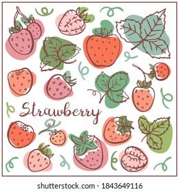 Set with Strawberry, berries, leaves. Graphic hand drawn flat style. Doodle illustration for packaging, menu cards, posters, prints. Isolated over white background.
