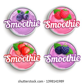 Set of strawberry, blackberry, raspberry, blueberry fresh smoothie logo. Healthy berries vitamin drink for diet or vegan.Template for brand,label,emblem,store,packaging,advertising and packing. Vector