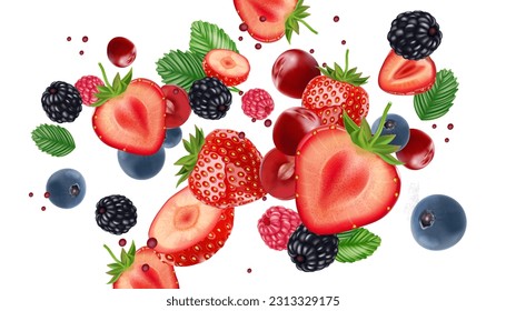 Conjunto de fresa, baya azul, frutos de cerezo volando con fresas de elementos en el medio sobre fondo blanco. Vector realista en ilustración 3D.