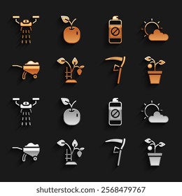 Set Strawberry bush, Sun and cloud weather, Plant in pot, Scythe, Wheelbarrow with dirt, Garden sprayer for fertilizer, Smart farm drone and Apple icon. Vector