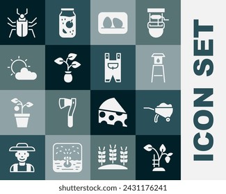 Set Strawberry bush, Wheelbarrow with dirt, Water tower, Chicken egg, Plant, Sun and cloud weather, Insect fly and Garden worker clothes icon. Vector