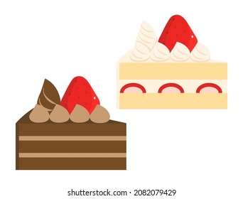 A set of strawberry cake and chocolate cake illustrations.