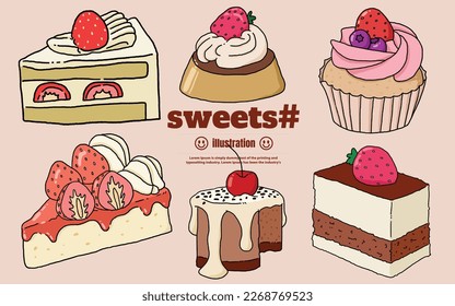 Set Strawberry Cake, cupcake pencil hand drawn illustration
