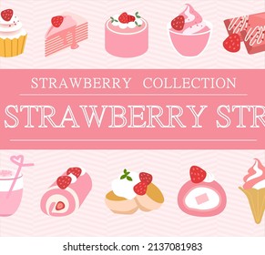 Set of strawberry cake dessert material on pink background