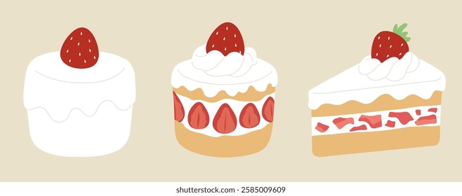 Set of strawberry cake in various styles. Concept of sponge cake, bakery, sweet tooth, cafe, strawberry shortcake, delicious dessert. Flat vector illustration