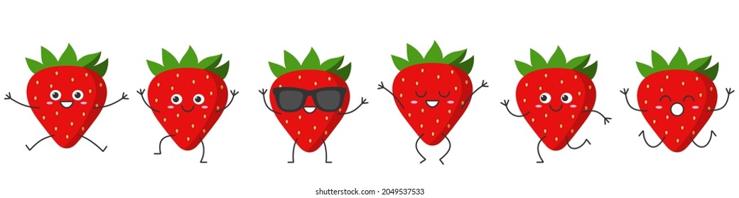 Set strawberry character cartoon emotions joy happiness smiling face jumping running icon beautiful vector illustration.