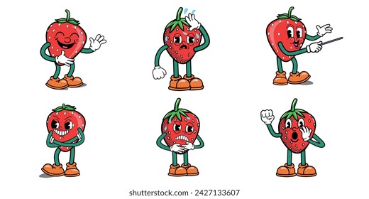 Set strawberry character cartoon with many emotions and gesture,  tired, joy happiness smiling, presenting, Laughing, vibrant, bad smiling. Red Strawberry Retro cartoon vector illustration.