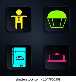 Set Strawberry cheesecake slice, Holiday gingerbread man cookie , Cookbook  and Muffin . Black square button. Vector