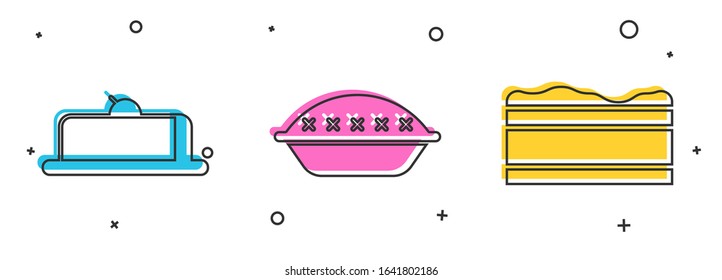 Set Strawberry cheesecake slice, Homemade pie  and Brownie chocolate cake  icon. Vector