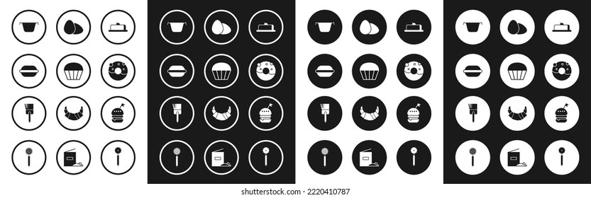 Set Strawberry cheesecake slice, Muffin, Macaron cookie, Cooking pot, Donut with sweet glaze, Chicken egg, Burger and Kitchen brush icon. Vector