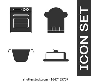 Set Strawberry cheesecake slice, Oven , Cooking pot  and Chef hat  icon. Vector