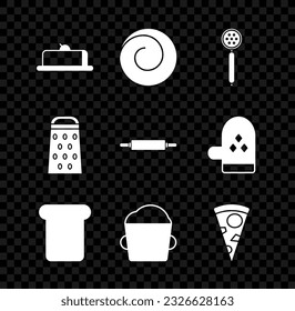 Set Strawberry cheesecake slice, Roll bun with cinnamon, Strainer spoon, Bread toast, Bakery bowl dough, Slice of pizza, Grater and Rolling pin icon. Vector