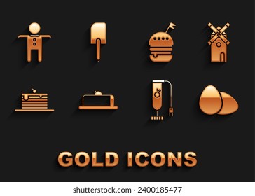 Set Strawberry cheesecake slice, Windmill, Chicken egg, Blender, Stack of pancakes, Burger, Holiday gingerbread man cookie and Spatula icon. Vector