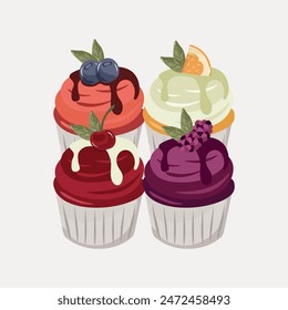 Set of strawberry, cherry, lemon, blackberry flavored cupcakes. Bakery concept, sweets. Vector illustration 