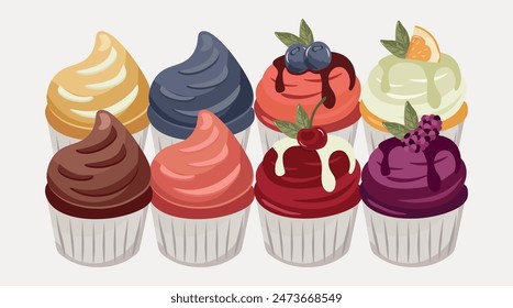  Set of strawberry, cherry, lemon, blackberry flavored cupcakes. Bakery concept, sweets. Vector illustration