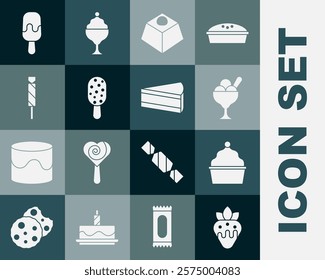 Set Strawberry in chocolate, Cake, Ice cream bowl, Brownie cake, Candy,  and Piece of icon. Vector