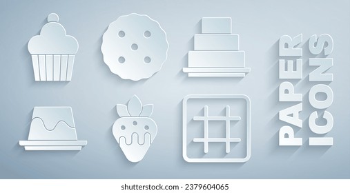 Fijar fresa en chocolate, tarta, crema de pudding, waffle, galleta o icono. Vector
