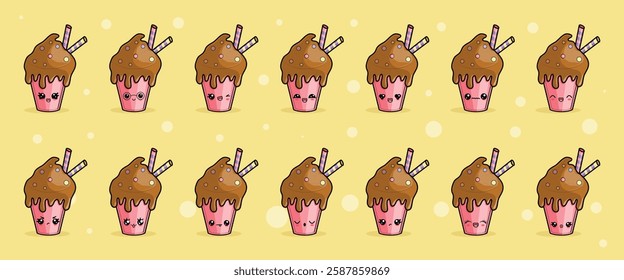  Set of strawberry chocolate cocktail in kawaii style with different emotions. Characters vector illustration