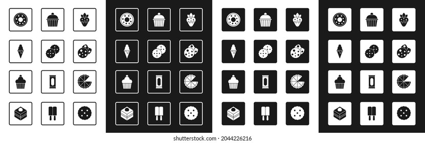 Set Strawberry in chocolate, Cookie or biscuit, Ice cream waffle cone, Donut, Cake, Homemade pie and  icon. Vector
