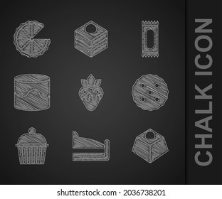 Set Strawberry in chocolate, Piece of cake, Brownie, Cookie or biscuit, Cake, Candy and Homemade pie icon. Vector