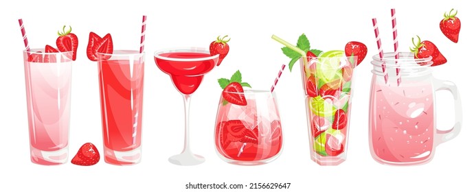 A set of strawberry cocktails.Summer refreshing drinks:strawberry juice, strawberry milkshake, daiquiri, mojito with strawberries, strawberry cocktail.Vector illustration.The concept of drinks.