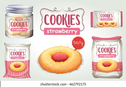 Set of strawberry cookies in different packages illustration