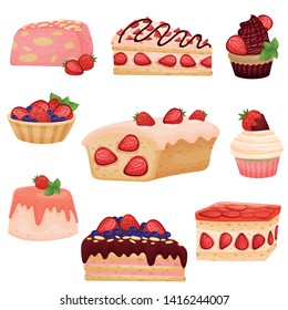 Set strawberry cupcakes. Vector illustration on white background.