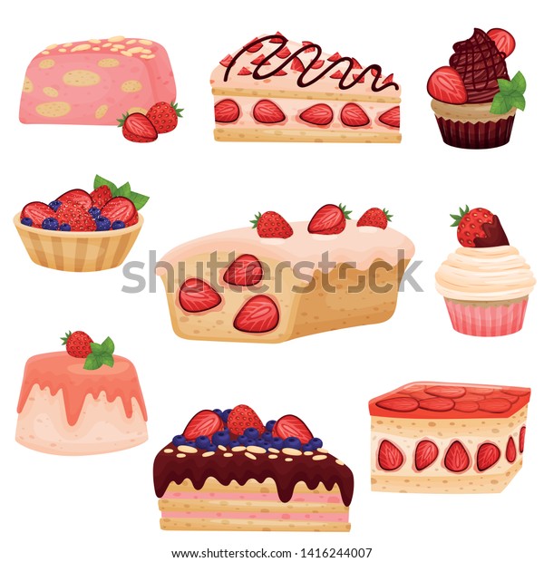 Set Strawberry Cupcakes Vector Illustration On Stock Vector (Royalty