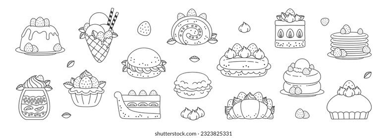 Juego de íconos de postre de fresa. Dibujo blanco y negro de postres de bayas estivales como crepes, cruasán, helados, panna cotta, etc. aislados en un fondo blanco. Vector 10 EPS.