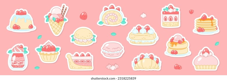 Set of strawberry dessert stickers. Cute cartoon illustration of summer berry desserts like pancakes, macaroon, croissant, ice cream, panna cotta etc.. Vector 10 EPS.