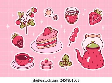 Set of strawberry desserts. Cute sticker pack. Hand drawn vector illustrations.