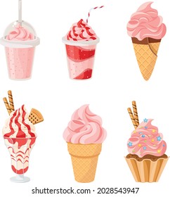 Set of Strawberry desserts and drinks. Cupcake, milkshakes, ice cream hot chocolate. vector illustrations