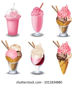 set of Strawberry desserts and drinks. Milkshakes, ice cream. on white background.