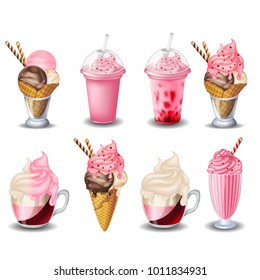 set of Strawberry desserts and drinks. Milkshakes, ice cream. on white background.