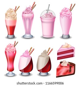 set of Strawberry desserts and drinks. Milkshakes, ice cream, cheesecake, panacotta. on white background.